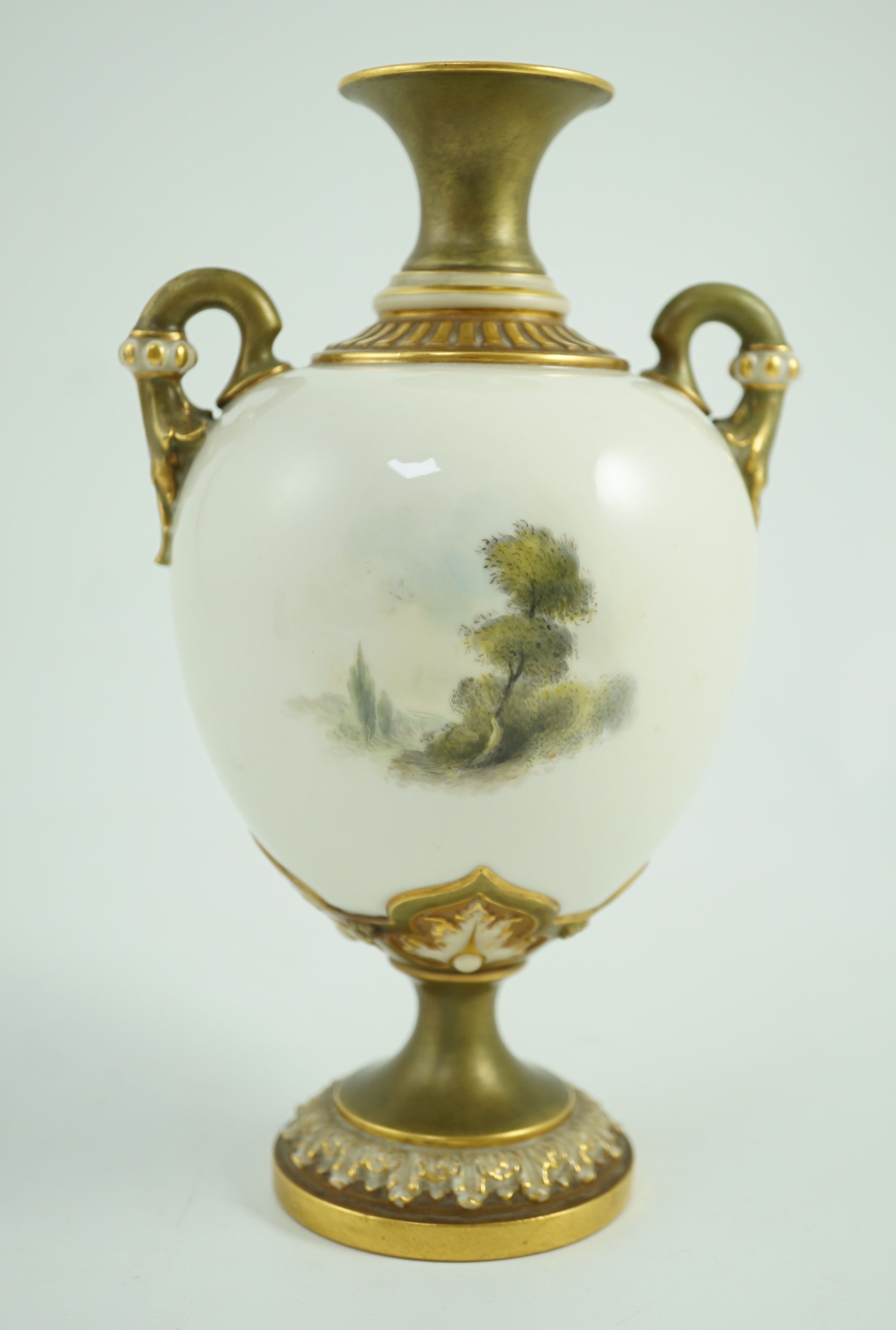 A Royal Worcester two handled vase painted with Caerphilly Castle by C. Johnson, c.1912, 21.5cm tall